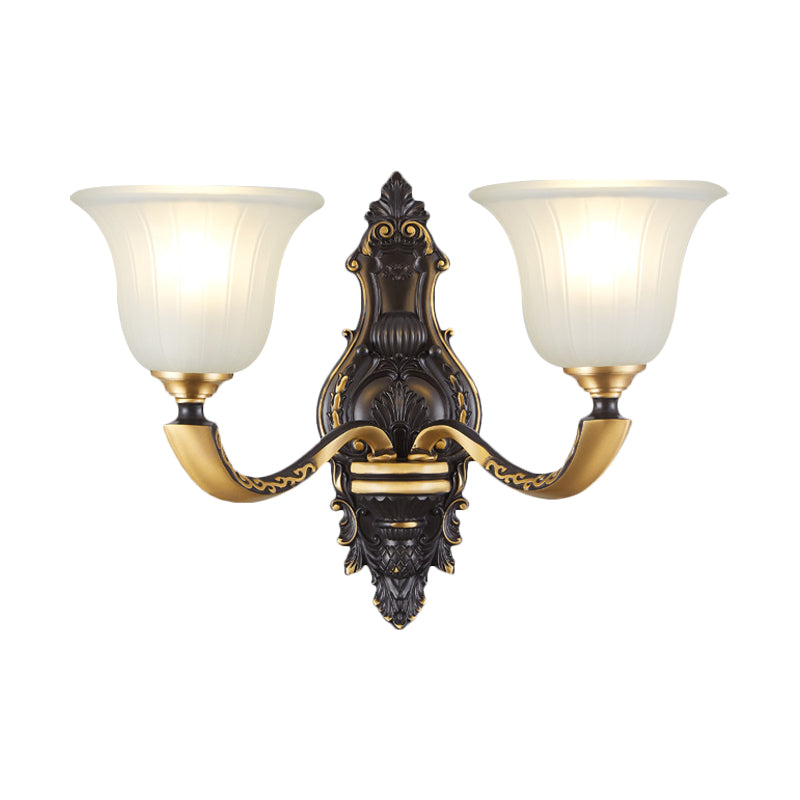 1/2-Bulb Bell Wall Mount Light Vintage Black and Gold Frosted White Glass Sconce for Bedroom Clearhalo 'Wall Lamps & Sconces' 'Wall Lights' Lighting' 1289798