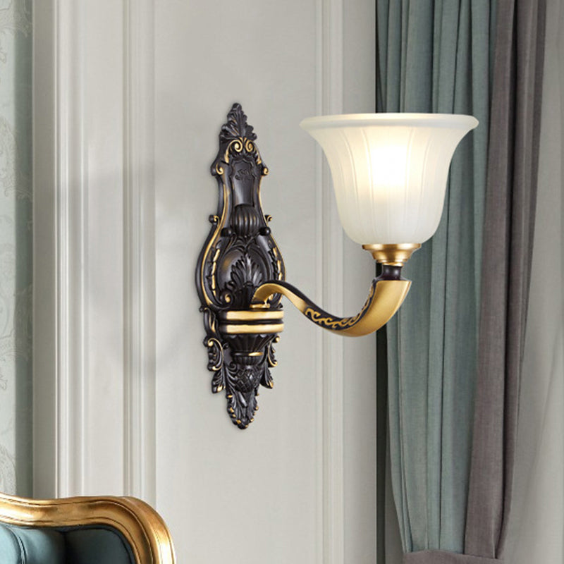 1/2-Bulb Bell Wall Mount Light Vintage Black and Gold Frosted White Glass Sconce for Bedroom 1.0 Black-Gold Clearhalo 'Wall Lamps & Sconces' 'Wall Lights' Lighting' 1289800