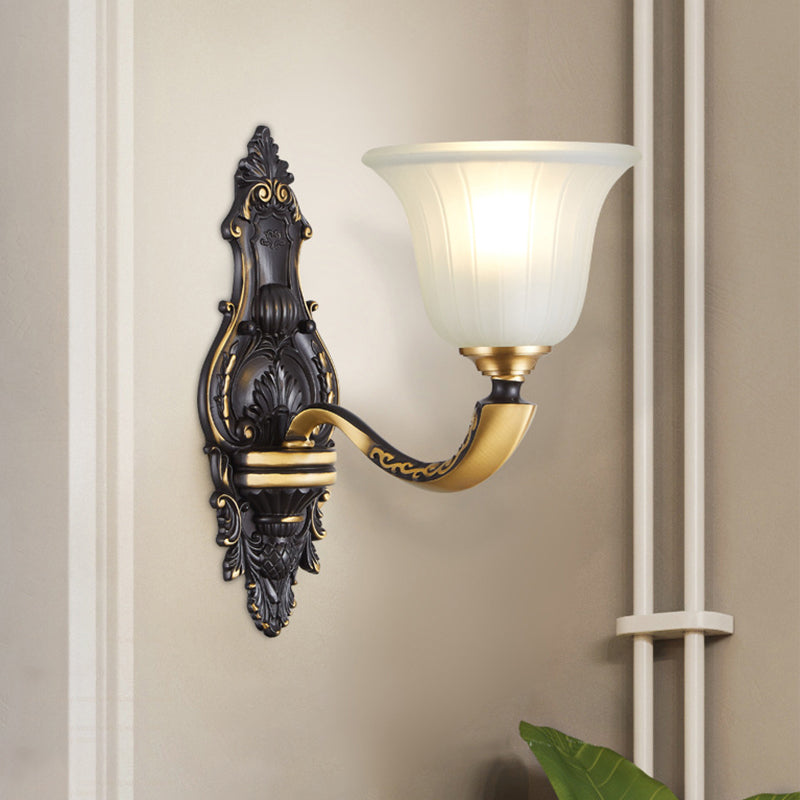 1/2-Bulb Bell Wall Mount Light Vintage Black and Gold Frosted White Glass Sconce for Bedroom Clearhalo 'Wall Lamps & Sconces' 'Wall Lights' Lighting' 1289801