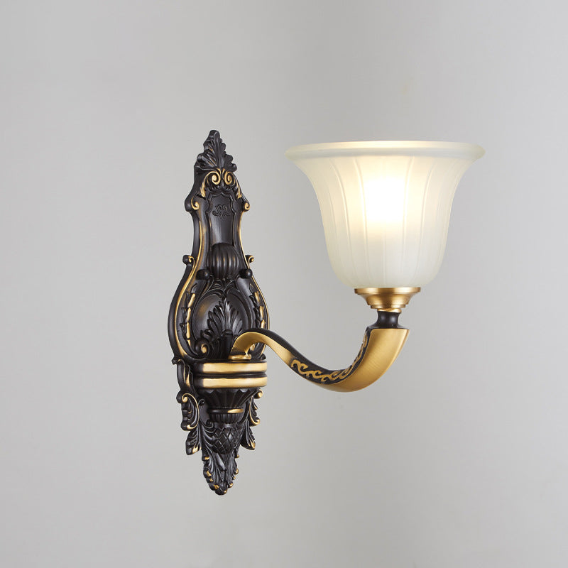 1/2-Bulb Bell Wall Mount Light Vintage Black and Gold Frosted White Glass Sconce for Bedroom Clearhalo 'Wall Lamps & Sconces' 'Wall Lights' Lighting' 1289803