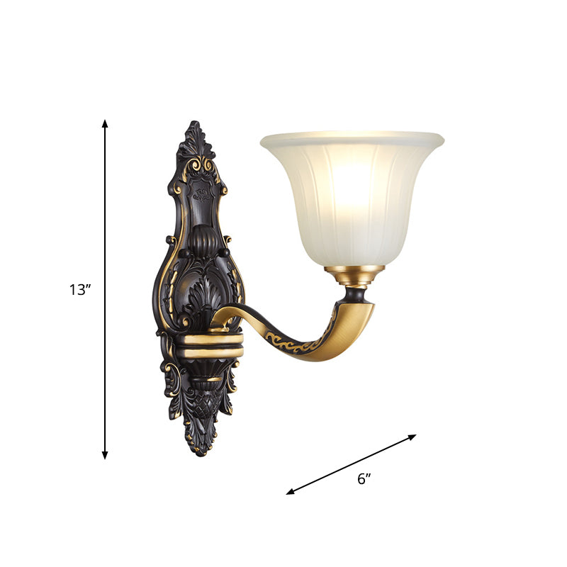 1/2-Bulb Bell Wall Mount Light Vintage Black and Gold Frosted White Glass Sconce for Bedroom Clearhalo 'Wall Lamps & Sconces' 'Wall Lights' Lighting' 1289804