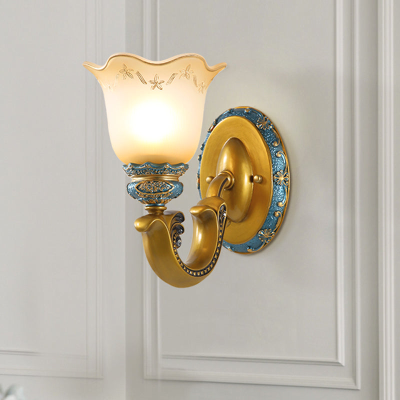 Gold 1/2-Light Wall Mounted Lamp Antique Opal Glass Scalloped Bell Sconce Light Fixture 1.0 Gold Clearhalo 'Wall Lamps & Sconces' 'Wall Lights' Lighting' 1289805