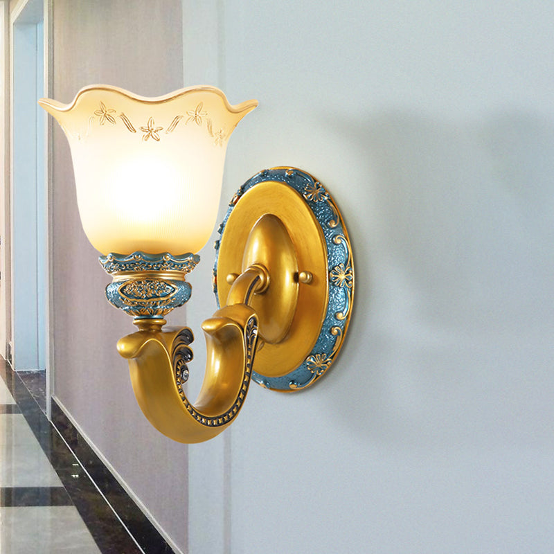 Gold 1/2-Light Wall Mounted Lamp Antique Opal Glass Scalloped Bell Sconce Light Fixture Clearhalo 'Wall Lamps & Sconces' 'Wall Lights' Lighting' 1289806