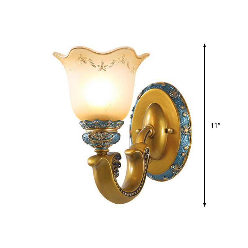 Gold 1/2-Light Wall Mounted Lamp Antique Opal Glass Scalloped Bell Sconce Light Fixture Clearhalo 'Wall Lamps & Sconces' 'Wall Lights' Lighting' 1289808