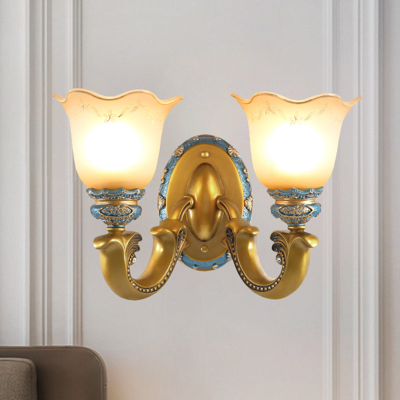 Gold 1/2-Light Wall Mounted Lamp Antique Opal Glass Scalloped Bell Sconce Light Fixture 2.0 Gold Clearhalo 'Wall Lamps & Sconces' 'Wall Lights' Lighting' 1289809