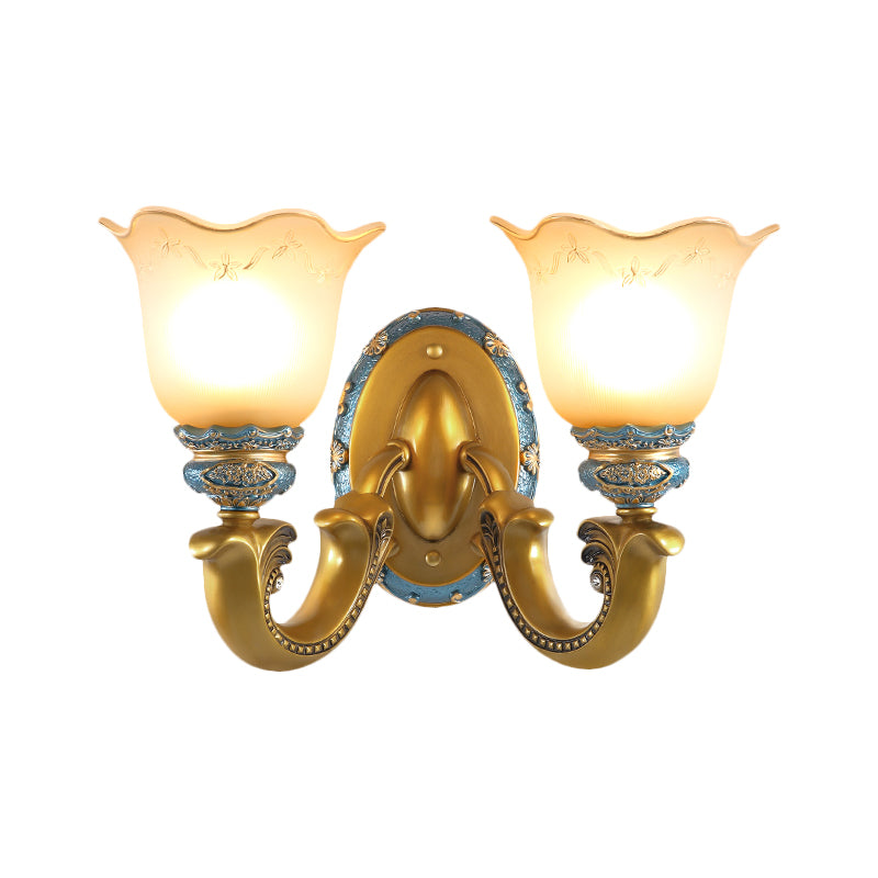 Gold 1/2-Light Wall Mounted Lamp Antique Opal Glass Scalloped Bell Sconce Light Fixture Clearhalo 'Wall Lamps & Sconces' 'Wall Lights' Lighting' 1289811