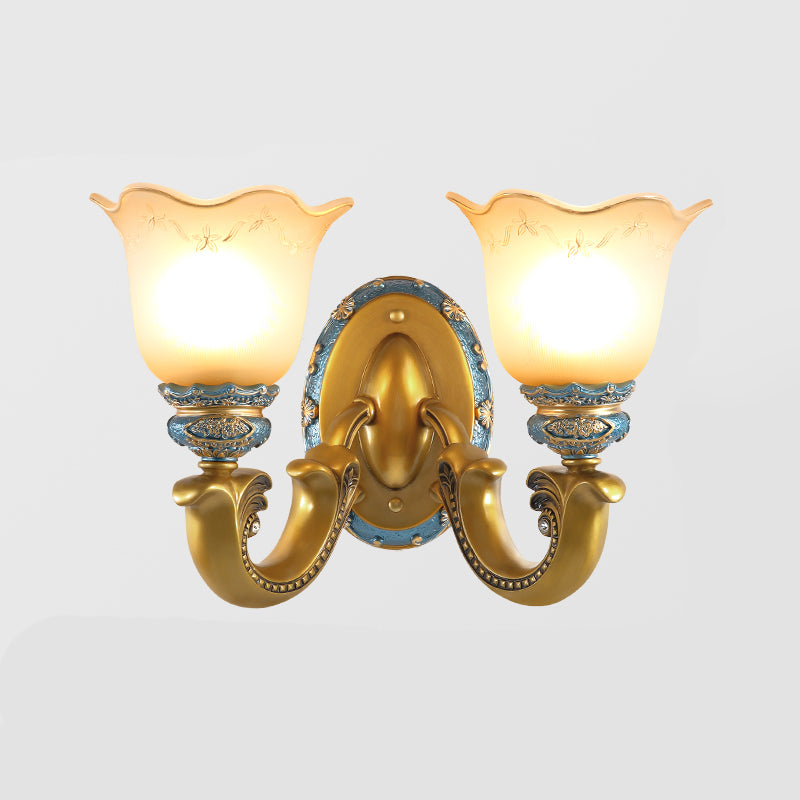 Gold 1/2-Light Wall Mounted Lamp Antique Opal Glass Scalloped Bell Sconce Light Fixture Clearhalo 'Wall Lamps & Sconces' 'Wall Lights' Lighting' 1289812