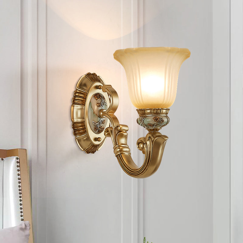 1/2-Light Sconce Lighting Retro Living Room Wall Lamp with Bell Frosted Glass Shade in Gold 1.0 Gold Clearhalo 'Wall Lamps & Sconces' 'Wall Lights' Lighting' 1289823