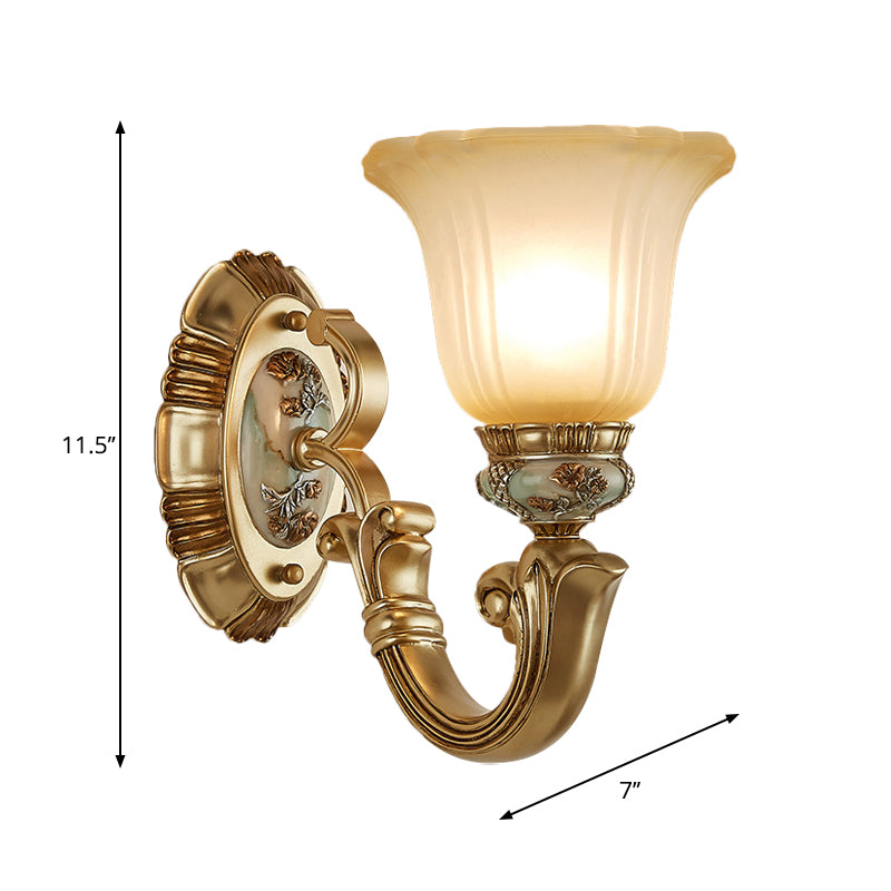 1/2-Light Sconce Lighting Retro Living Room Wall Lamp with Bell Frosted Glass Shade in Gold Clearhalo 'Wall Lamps & Sconces' 'Wall Lights' Lighting' 1289826