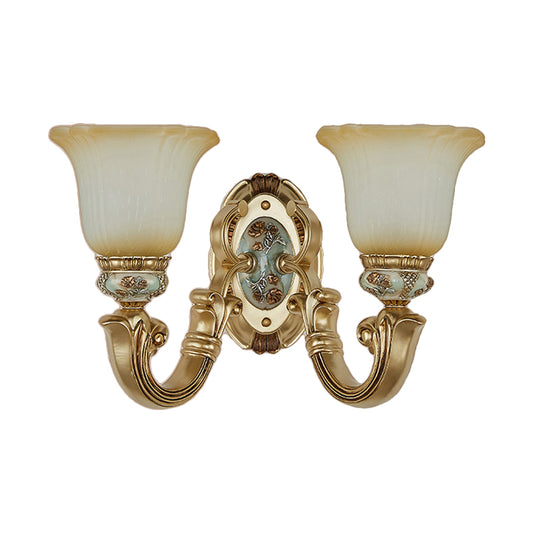 1/2-Light Sconce Lighting Retro Living Room Wall Lamp with Bell Frosted Glass Shade in Gold Clearhalo 'Wall Lamps & Sconces' 'Wall Lights' Lighting' 1289829