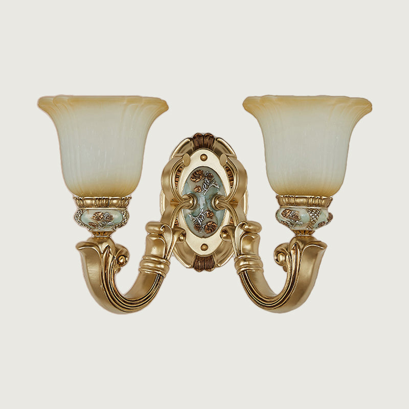 1/2-Light Sconce Lighting Retro Living Room Wall Lamp with Bell Frosted Glass Shade in Gold Clearhalo 'Wall Lamps & Sconces' 'Wall Lights' Lighting' 1289830