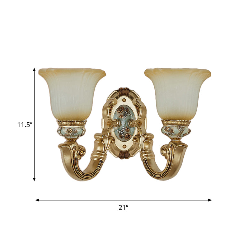 1/2-Light Sconce Lighting Retro Living Room Wall Lamp with Bell Frosted Glass Shade in Gold Clearhalo 'Wall Lamps & Sconces' 'Wall Lights' Lighting' 1289831