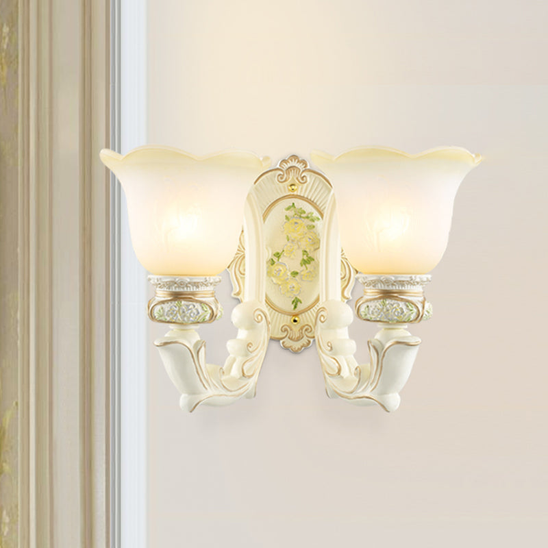 Bell Cream Glass Wall Lighting Ideas Vintage 2 Bulbs Bedroom Wall Sconce in White White Clearhalo 'Wall Lamps & Sconces' 'Wall Lights' Lighting' 1289832