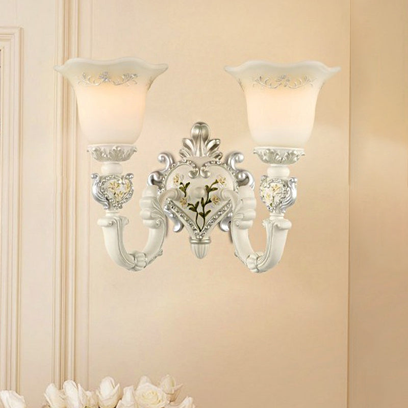 1/2-Head Ivory Glass Wall Sconce Traditional White Bell Shaped Bedroom Wall Light Kit 2.0 White Clearhalo 'Wall Lamps & Sconces' 'Wall Lights' Lighting' 1289836