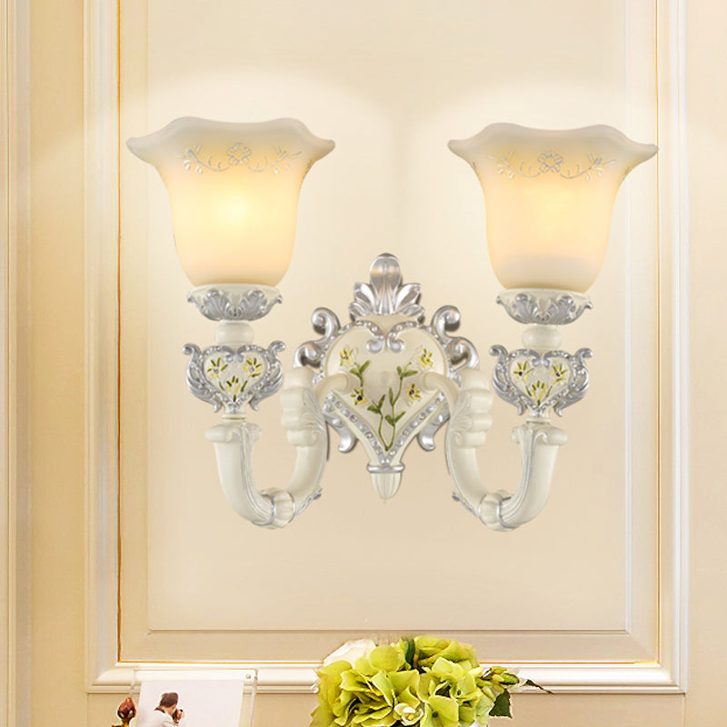 1/2-Head Ivory Glass Wall Sconce Traditional White Bell Shaped Bedroom Wall Light Kit Clearhalo 'Wall Lamps & Sconces' 'Wall Lights' Lighting' 1289837