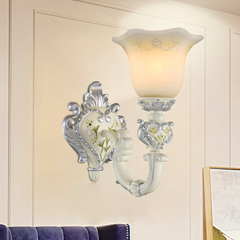 1/2-Head Ivory Glass Wall Sconce Traditional White Bell Shaped Bedroom Wall Light Kit Clearhalo 'Wall Lamps & Sconces' 'Wall Lights' Lighting' 1289841