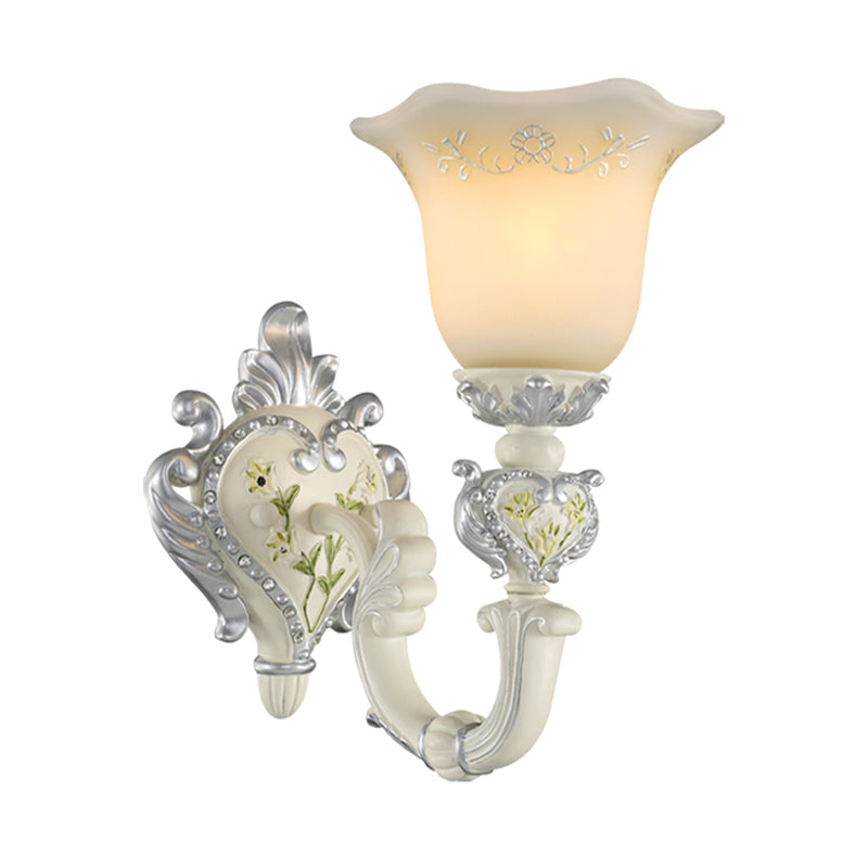 1/2-Head Ivory Glass Wall Sconce Traditional White Bell Shaped Bedroom Wall Light Kit Clearhalo 'Wall Lamps & Sconces' 'Wall Lights' Lighting' 1289842