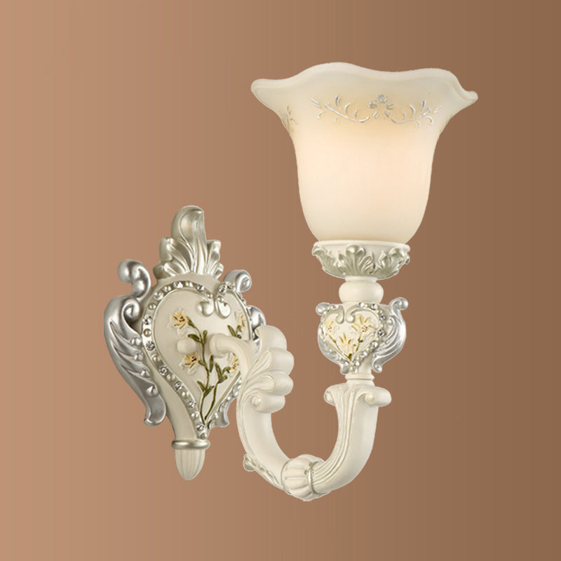 1/2-Head Ivory Glass Wall Sconce Traditional White Bell Shaped Bedroom Wall Light Kit Clearhalo 'Wall Lamps & Sconces' 'Wall Lights' Lighting' 1289843