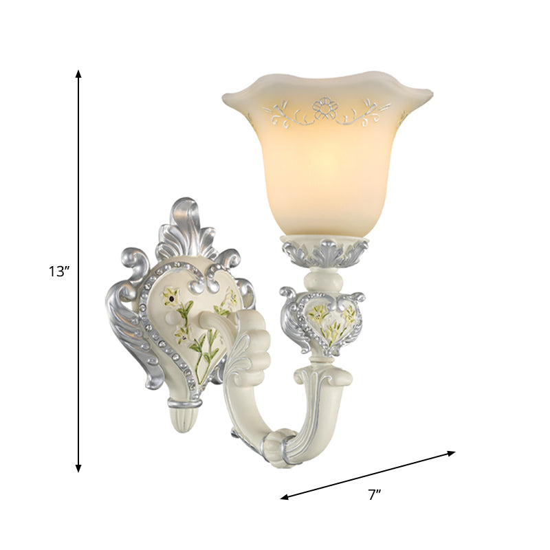 1/2-Head Ivory Glass Wall Sconce Traditional White Bell Shaped Bedroom Wall Light Kit Clearhalo 'Wall Lamps & Sconces' 'Wall Lights' Lighting' 1289844