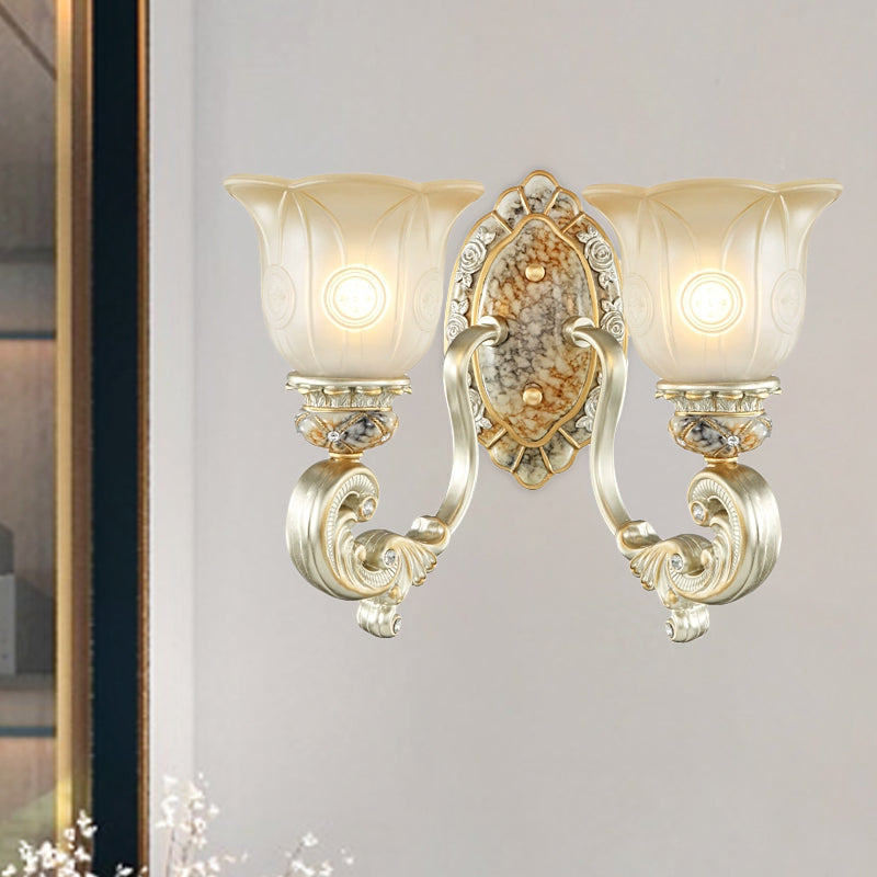 Vintage Scalloped Wall Light Fixture 1/2-Light White Glass Wall Mount Lamp in Gold for Bedroom 2.0 Gold Clearhalo 'Wall Lamps & Sconces' 'Wall Lights' Lighting' 1289854