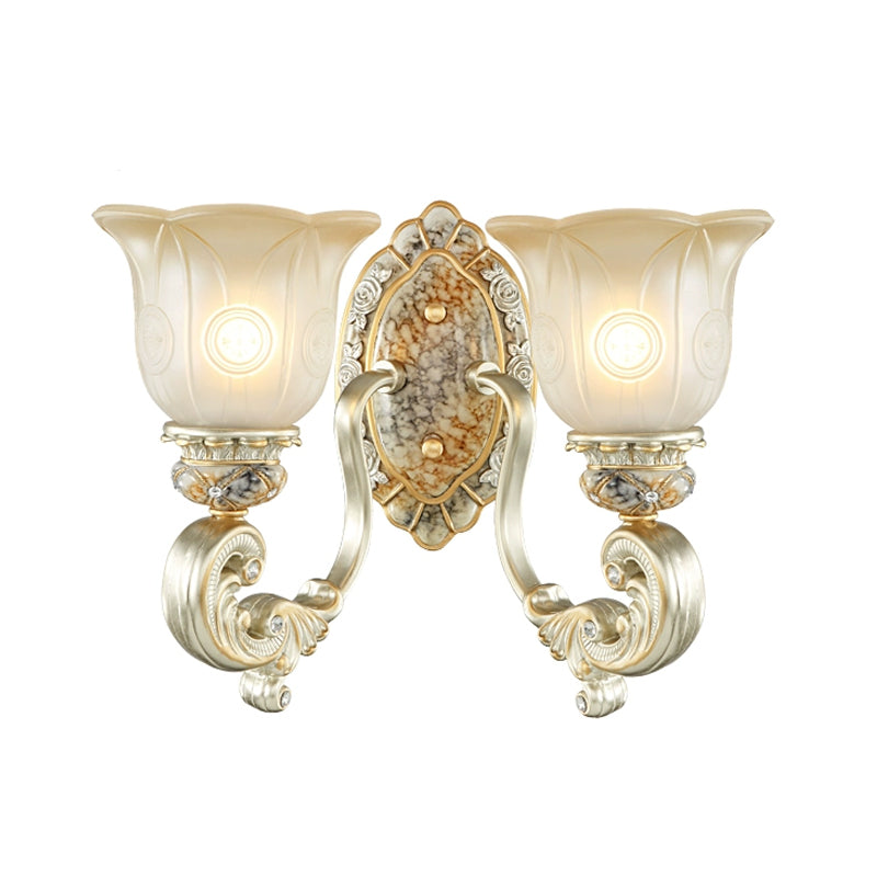 Vintage Scalloped Wall Light Fixture 1/2-Light White Glass Wall Mount Lamp in Gold for Bedroom Clearhalo 'Wall Lamps & Sconces' 'Wall Lights' Lighting' 1289856