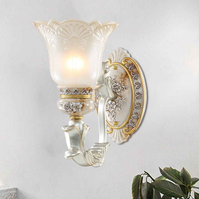 White-Gold Floral Wall Lamp Kit Retro Style Frosted Glass 1/2-Head Living Room Sconce Light 1.0 White-Gold Clearhalo 'Wall Lamps & Sconces' 'Wall Lights' Lighting' 1289863