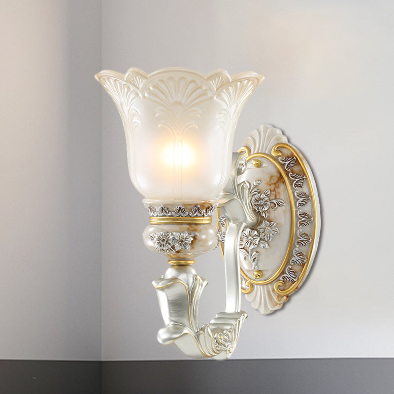 White-Gold Floral Wall Lamp Kit Retro Style Frosted Glass 1/2-Head Living Room Sconce Light Clearhalo 'Wall Lamps & Sconces' 'Wall Lights' Lighting' 1289864