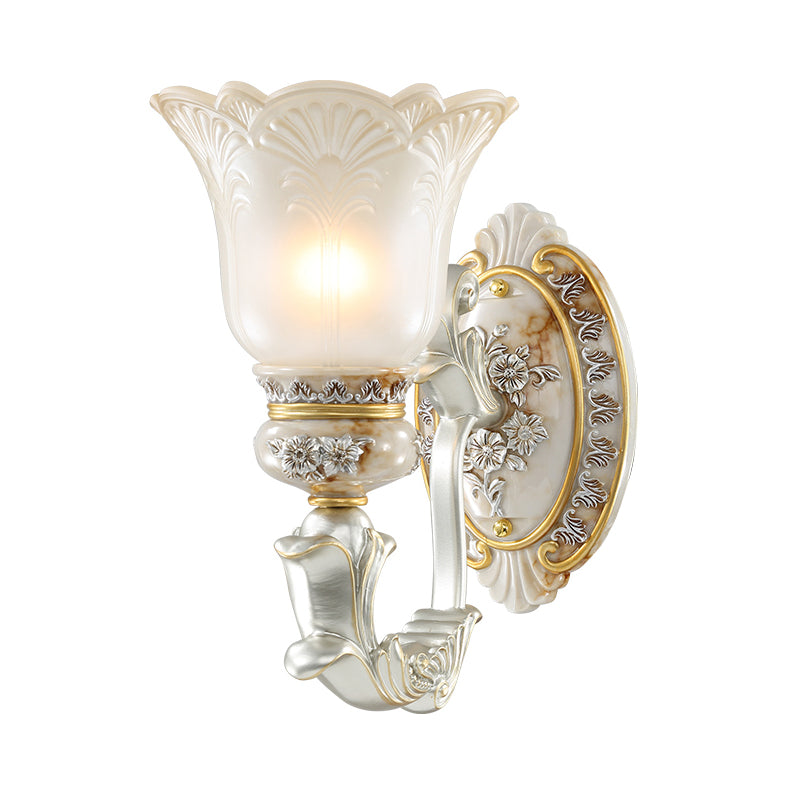 White-Gold Floral Wall Lamp Kit Retro Style Frosted Glass 1/2-Head Living Room Sconce Light Clearhalo 'Wall Lamps & Sconces' 'Wall Lights' Lighting' 1289865