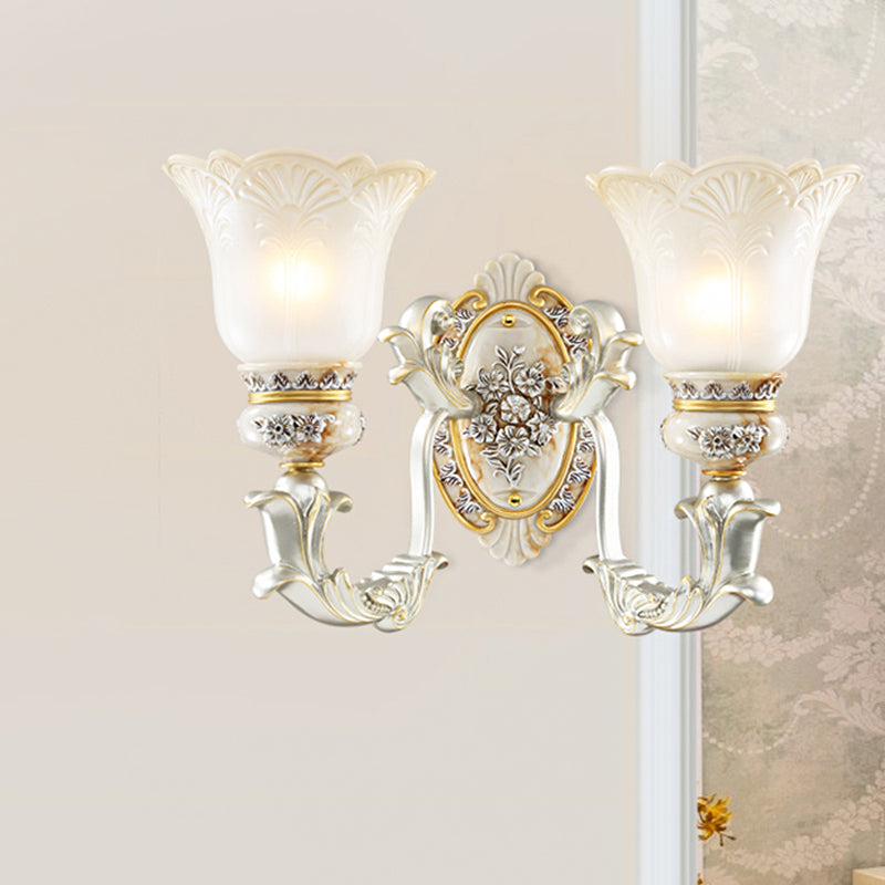 White-Gold Floral Wall Lamp Kit Retro Style Frosted Glass 1/2-Head Living Room Sconce Light 2.0 White-Gold Clearhalo 'Wall Lamps & Sconces' 'Wall Lights' Lighting' 1289867