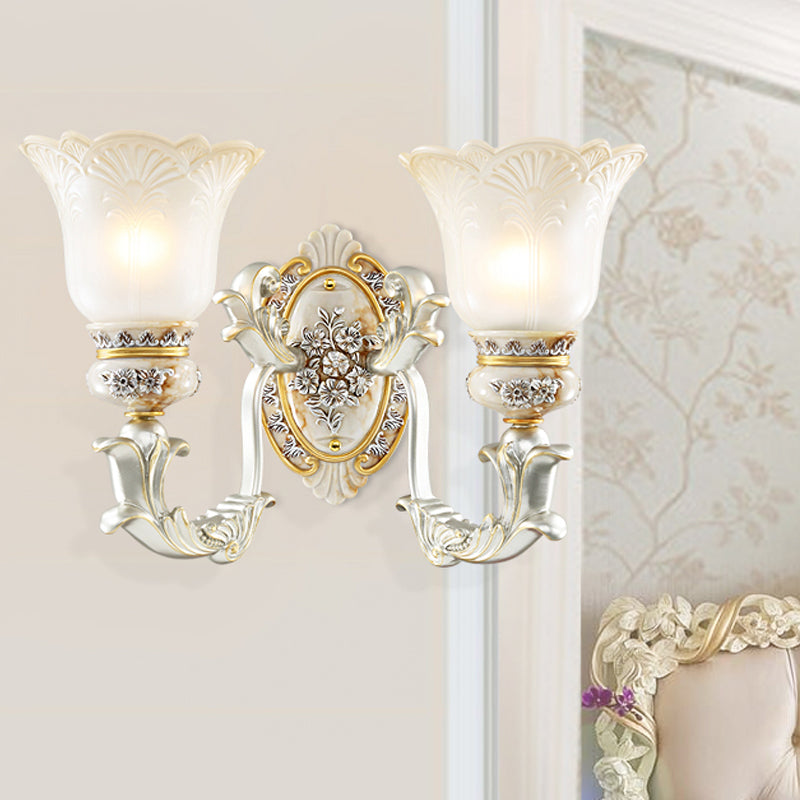 White-Gold Floral Wall Lamp Kit Retro Style Frosted Glass 1/2-Head Living Room Sconce Light Clearhalo 'Wall Lamps & Sconces' 'Wall Lights' Lighting' 1289868