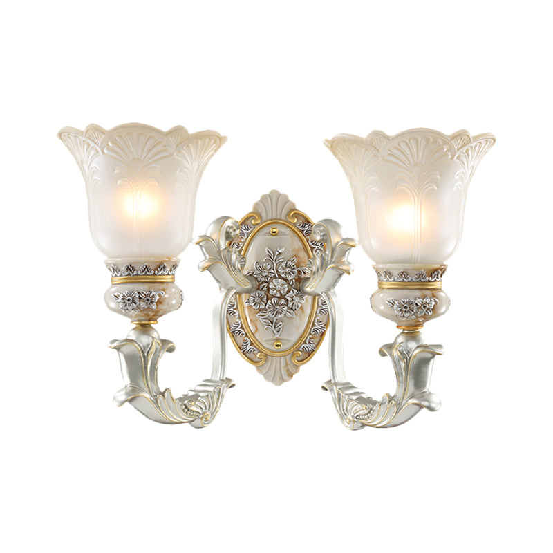 White-Gold Floral Wall Lamp Kit Retro Style Frosted Glass 1/2-Head Living Room Sconce Light Clearhalo 'Wall Lamps & Sconces' 'Wall Lights' Lighting' 1289869