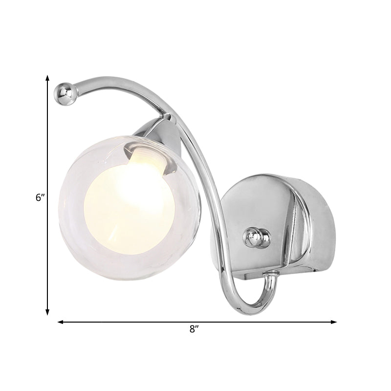 Modern Globe Wall Lamp Clear Glass 1 Light Bedroom Led Wall Light Sconce in Chrome with Curved Arm Clearhalo 'Cast Iron' 'Glass' 'Industrial' 'Modern wall lights' 'Modern' 'Tiffany' 'Traditional wall lights' 'Wall Lamps & Sconces' 'Wall Lights' Lighting' 128987