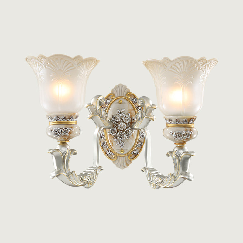 White-Gold Floral Wall Lamp Kit Retro Style Frosted Glass 1/2-Head Living Room Sconce Light Clearhalo 'Wall Lamps & Sconces' 'Wall Lights' Lighting' 1289870