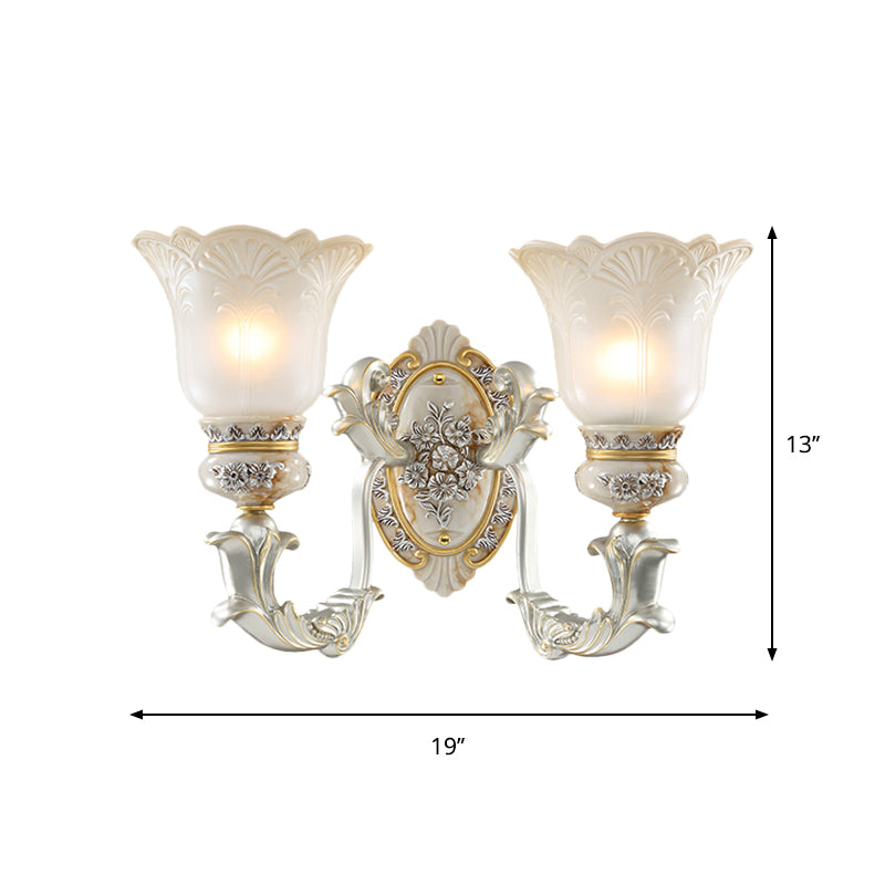 White-Gold Floral Wall Lamp Kit Retro Style Frosted Glass 1/2-Head Living Room Sconce Light Clearhalo 'Wall Lamps & Sconces' 'Wall Lights' Lighting' 1289871