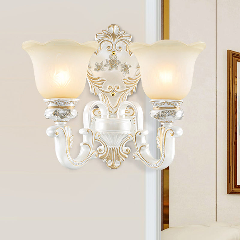 1/2-Bulb Scalloped-Trim Bell Wall Light Traditional White-Gold Frosted Glass Wall Mount Lighting 2.0 White-Gold Clearhalo 'Wall Lamps & Sconces' 'Wall Lights' Lighting' 1289872