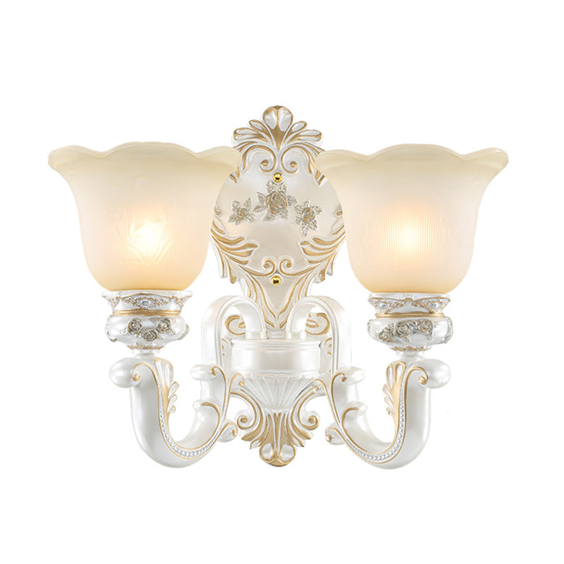 1/2-Bulb Scalloped-Trim Bell Wall Light Traditional White-Gold Frosted Glass Wall Mount Lighting Clearhalo 'Wall Lamps & Sconces' 'Wall Lights' Lighting' 1289873