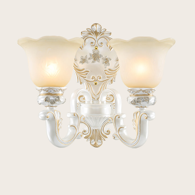 1/2-Bulb Scalloped-Trim Bell Wall Light Traditional White-Gold Frosted Glass Wall Mount Lighting Clearhalo 'Wall Lamps & Sconces' 'Wall Lights' Lighting' 1289874