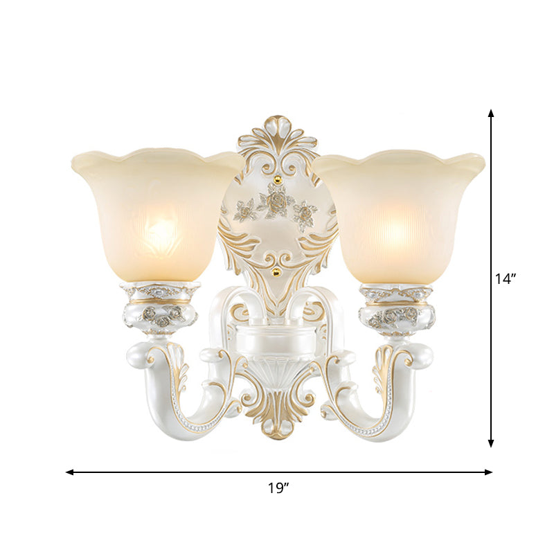 1/2-Bulb Scalloped-Trim Bell Wall Light Traditional White-Gold Frosted Glass Wall Mount Lighting Clearhalo 'Wall Lamps & Sconces' 'Wall Lights' Lighting' 1289875