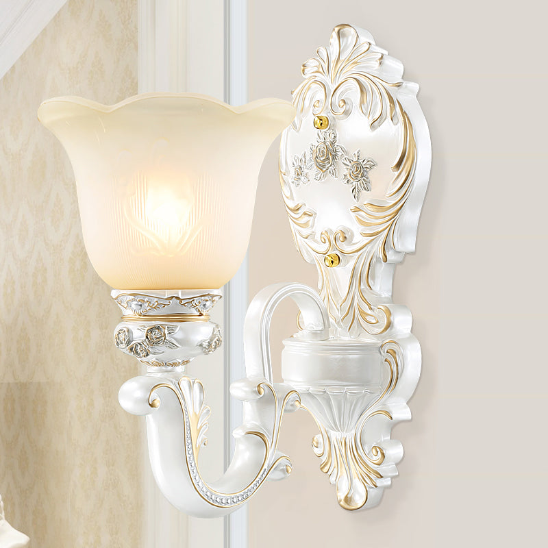 1/2-Bulb Scalloped-Trim Bell Wall Light Traditional White-Gold Frosted Glass Wall Mount Lighting 1.0 White-Gold Clearhalo 'Wall Lamps & Sconces' 'Wall Lights' Lighting' 1289876