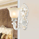 1/2-Bulb Scalloped-Trim Bell Wall Light Traditional White-Gold Frosted Glass Wall Mount Lighting Clearhalo 'Wall Lamps & Sconces' 'Wall Lights' Lighting' 1289877