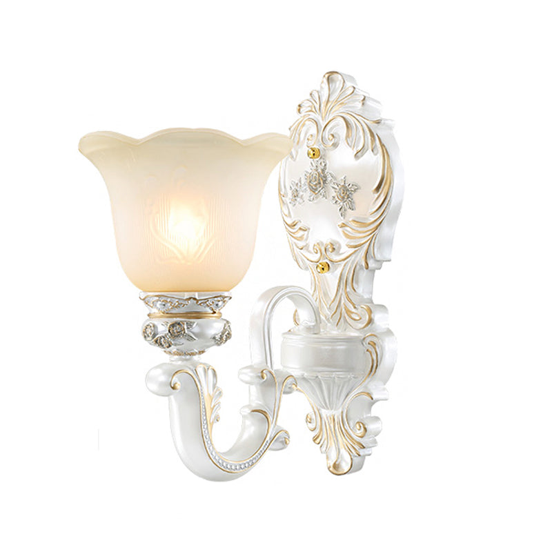 1/2-Bulb Scalloped-Trim Bell Wall Light Traditional White-Gold Frosted Glass Wall Mount Lighting Clearhalo 'Wall Lamps & Sconces' 'Wall Lights' Lighting' 1289879