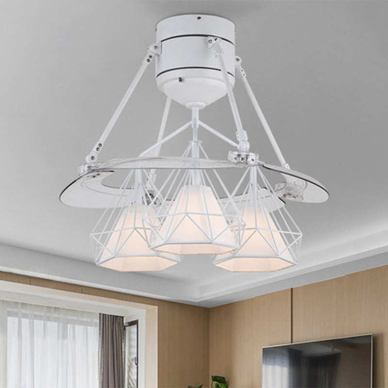 Metal Diamond Frame Semi Flush Minimalism 3-Light Black/White/Green 4-Blade Ceiling Fan Lighting for Bedroom, 48" Wide White Clearhalo 'Ceiling Fans with Lights' 'Ceiling Fans' 'Modern Ceiling Fans' 'Modern' Lighting' 1289893