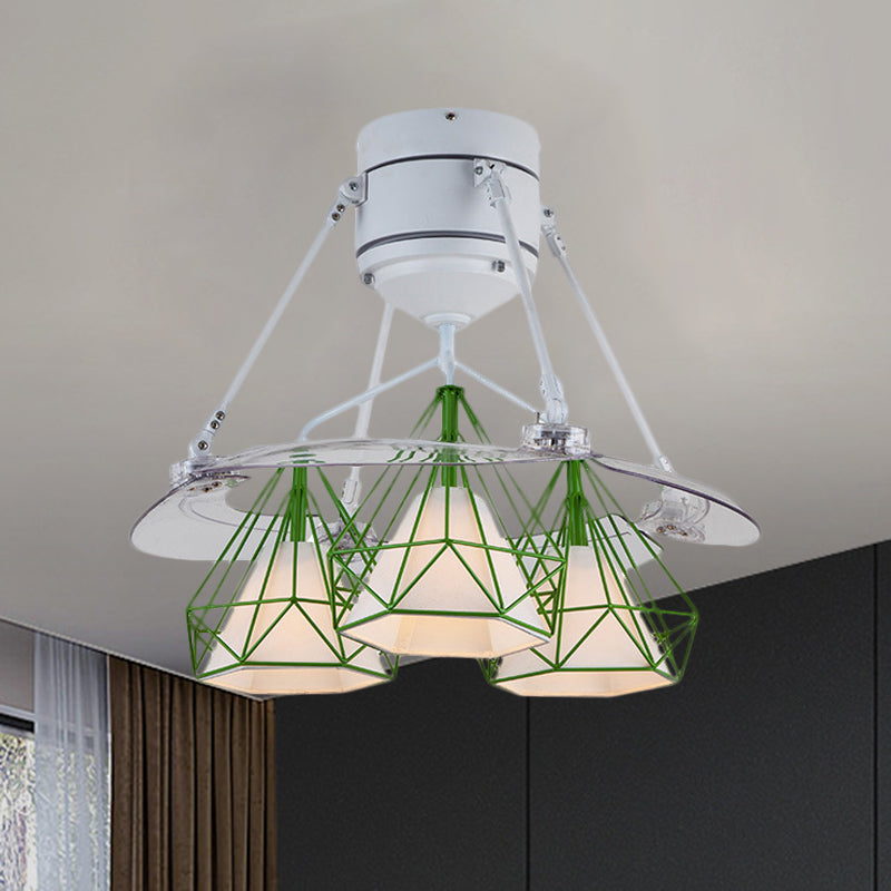 Metal Diamond Frame Semi Flush Minimalism 3-Light Black/White/Green 4-Blade Ceiling Fan Lighting for Bedroom, 48" Wide Green Clearhalo 'Ceiling Fans with Lights' 'Ceiling Fans' 'Modern Ceiling Fans' 'Modern' Lighting' 1289897