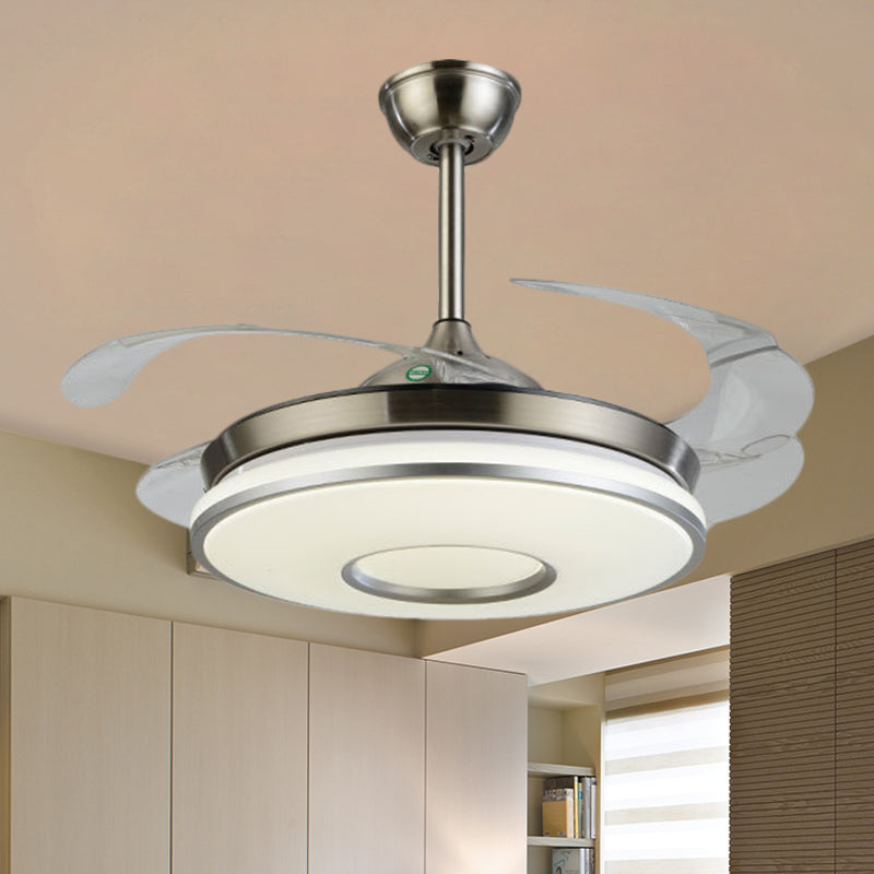 Silver Round Panel Ceiling Fan Lamp Simplicity LED Acrylic Semi Flush Mount Lighting with 4 Blades, 42" W Clearhalo 'Ceiling Fans with Lights' 'Ceiling Fans' 'Modern Ceiling Fans' 'Modern' Lighting' 1289941