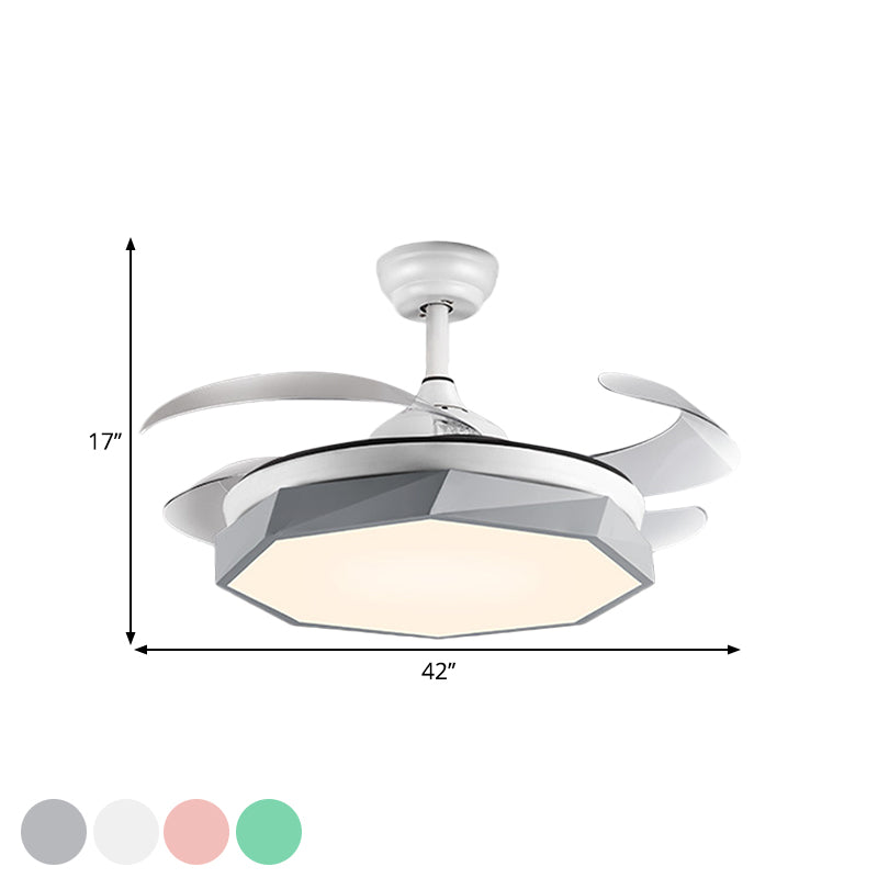 42" Wide Faceted Octagon Ceiling Lamp Minimalism Acrylic Grey/White/Pink 4 Blades LED Pendant Fan Light for Living Room Clearhalo 'Ceiling Fans with Lights' 'Ceiling Fans' 'Modern Ceiling Fans' 'Modern' Lighting' 1290021