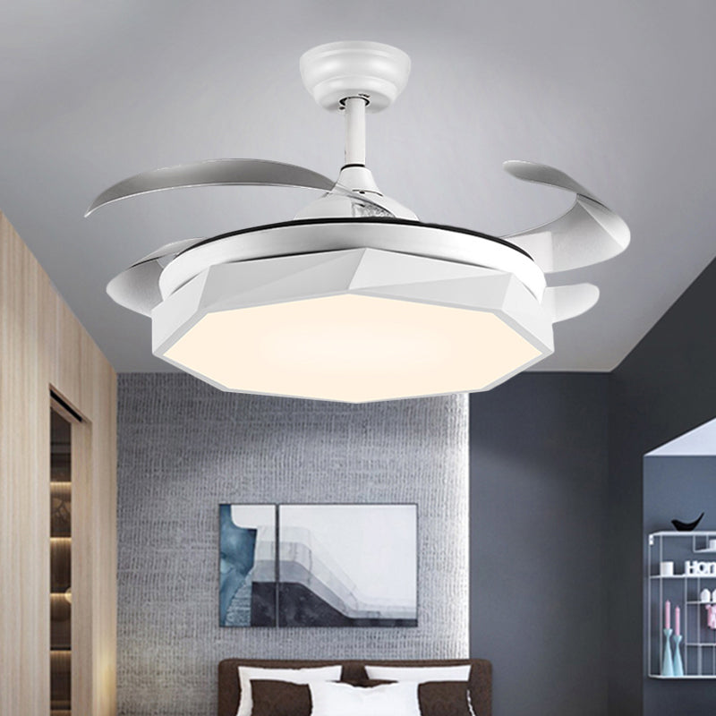 42" Wide Faceted Octagon Ceiling Lamp Minimalism Acrylic Grey/White/Pink 4 Blades LED Pendant Fan Light for Living Room Clearhalo 'Ceiling Fans with Lights' 'Ceiling Fans' 'Modern Ceiling Fans' 'Modern' Lighting' 1290024