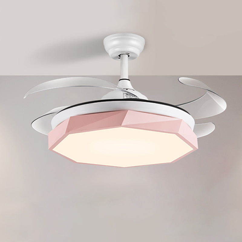 42" Wide Faceted Octagon Ceiling Lamp Minimalism Acrylic Grey/White/Pink 4 Blades LED Pendant Fan Light for Living Room Pink Clearhalo 'Ceiling Fans with Lights' 'Ceiling Fans' 'Modern Ceiling Fans' 'Modern' Lighting' 1290026