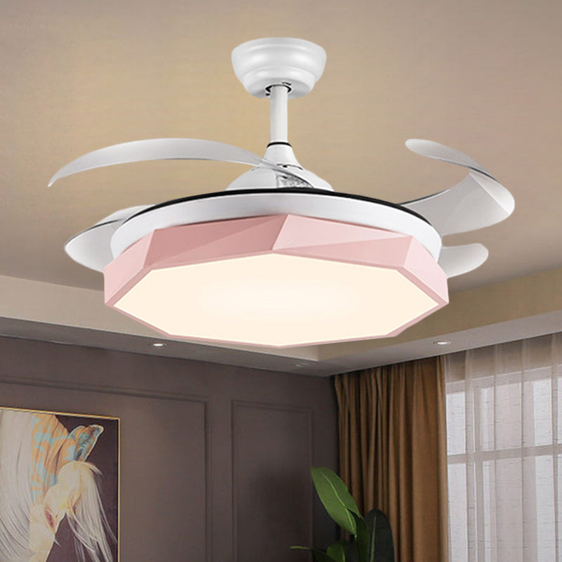 42" Wide Faceted Octagon Ceiling Lamp Minimalism Acrylic Grey/White/Pink 4 Blades LED Pendant Fan Light for Living Room Clearhalo 'Ceiling Fans with Lights' 'Ceiling Fans' 'Modern Ceiling Fans' 'Modern' Lighting' 1290027