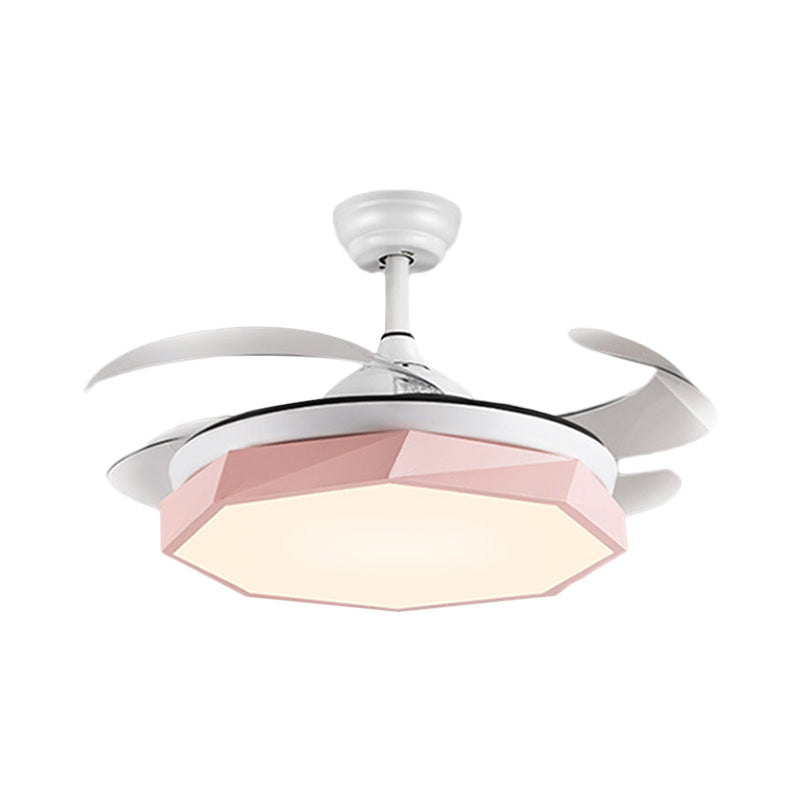 42" Wide Faceted Octagon Ceiling Lamp Minimalism Acrylic Grey/White/Pink 4 Blades LED Pendant Fan Light for Living Room Clearhalo 'Ceiling Fans with Lights' 'Ceiling Fans' 'Modern Ceiling Fans' 'Modern' Lighting' 1290029