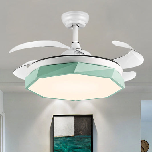 42" Wide Faceted Octagon Ceiling Lamp Minimalism Acrylic Grey/White/Pink 4 Blades LED Pendant Fan Light for Living Room Clearhalo 'Ceiling Fans with Lights' 'Ceiling Fans' 'Modern Ceiling Fans' 'Modern' Lighting' 1290032